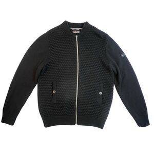 Ben Sheman Sweater Men Large Black Woven Wool Blend Preppy Full Zip Cardigan